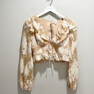 LENA Women’s V-Neck Ivory Beige Long Sleeve Lace Overlay Blouse Love Lemons Sz S
